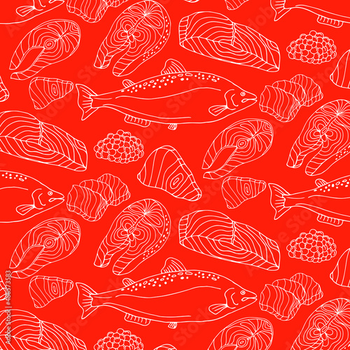 Seamless pattern with Salmon steak , conceptual sea food background, flat lay composition. Vector illustration. Good for menu cafe, restaurants, shops, market, packages.