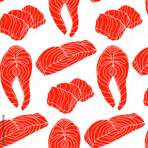 Seamless pattern with Salmon steak , conceptual sea food background, flat lay composition. Vector illustration. Good for menu cafe, restaurants, shops, market, packages.