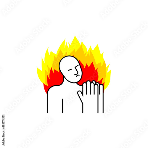 Sinner icon. Sinner in fire to repent. Man prays in fiery hyena. Man in Hellfire sign