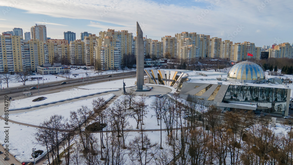 Aerial view of monument Near Building Museum Of The Great Patriotic War In Minsk in wintertime.