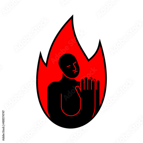Sinner icon. Sinner in fire to repent. Man prays in fiery hyena. Man in Hellfire sign