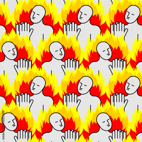 Sinner pattern seamless. Sinner in fire to repent texture. Man prays in fiery hyena ornament. Man in Hellfire background