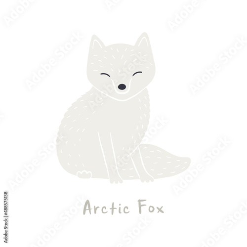 Cute cartoon arctic fox, isolated on white. Hand drawn vector illustration. Winter animal character. Arctic wildlife, nature. Design concept for kids fashion, textile print, poster, card, baby shower.