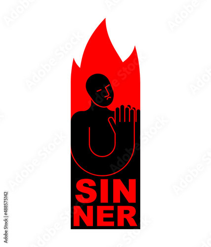 Sinner icon. Sinner in fire to repent. Man prays in fiery hyena. Man in Hellfire sign