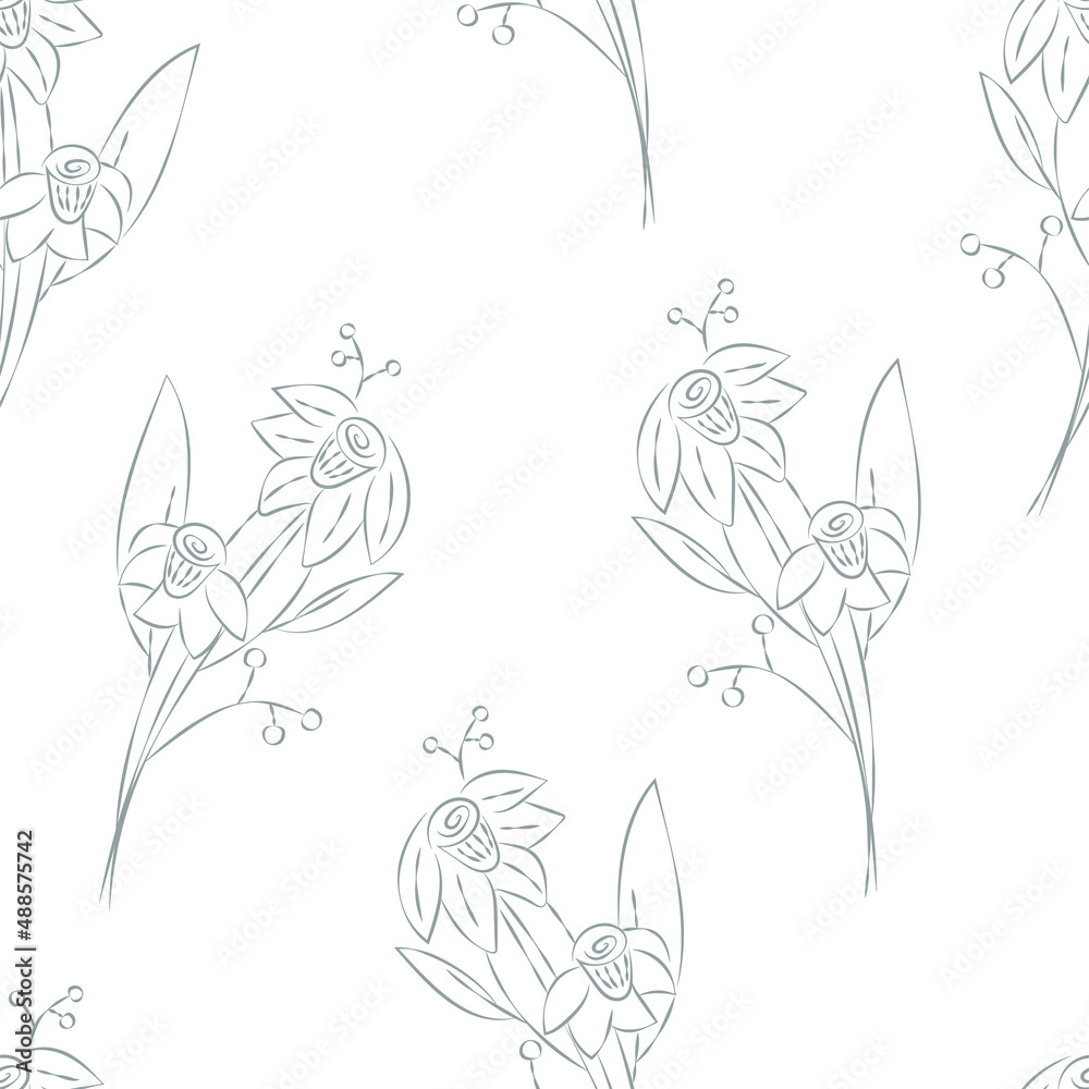 Vector. Seamless pattern. Floral background in doodle style ink. Contour sketch of a flower. Hand drawn line sketch of flowering daffodil, leaves. Minimalism. Wallpaper, gift wrapping, textile design. Vector. Seamless pattern. Floral background in doodle style ink. Contour sketch of a flower. Hand drawn line sketch of flowering daffodil, leaves. Minimalism. Wallpaper, gift wrapping, textile design.