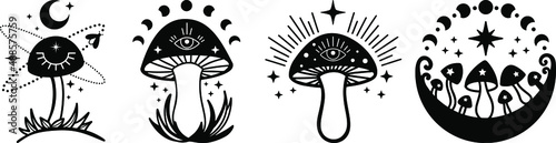 Celestial Mystical boho mushrooms, magic mushroom with moon and stars, witchcraft symbol, witchy esoteric objects, floral mystical elements fungi, fungus. Witchy tattoos. Esoteric clipart