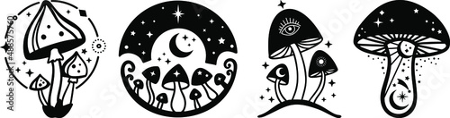 Celestial Mystical boho mushrooms, magic mushroom with moon and stars, witchcraft symbol, witchy esoteric objects, floral mystical elements fungi, fungus. Witchy tattoos. Esoteric clipart