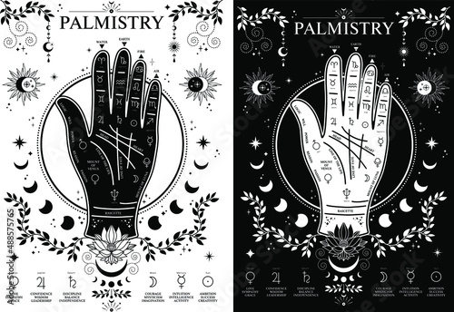 Palmistry hand, Vintage Fortune Teller Hand with Palmistry diagram. illustration with mystic and occult hand drawn symbols. Vector illustration. Halloween, astrological and esoteric concept.
 photo