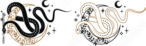 Boho mystical snakes with moon, sun, stars magic and floral elements in trendy occult style. esoteric serpent with mystical magic objects for tattoo, t-shirt, prints. Celestial Spiritual occultism