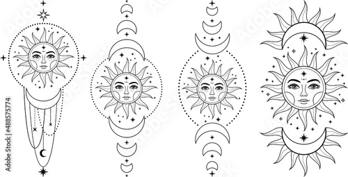 Boho Sun and moon. Hand drawn celestial elements. Sun, crescent moon with moon phases. Celestial design. Symbols of magic witchcraft and alchemy. Boho mystical tattoo. Witchy trendy illustrations