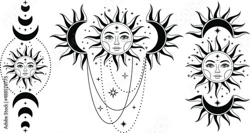 Boho Sun and moon. Hand drawn celestial elements. Sun, crescent moon with moon phases. Celestial design. Symbols of magic witchcraft and alchemy. Boho mystical tattoo. Witchy trendy illustrations