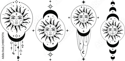 Boho Sun and moon. Hand drawn celestial elements. Sun, crescent moon with moon phases. Celestial design. Symbols of magic witchcraft and alchemy. Boho mystical tattoo. Witchy trendy illustrations