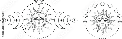 Boho Sun and moon. Hand drawn celestial elements. Sun, crescent moon with moon phases. Celestial design. Symbols of magic witchcraft and alchemy. Boho mystical tattoo. Witchy trendy illustrations