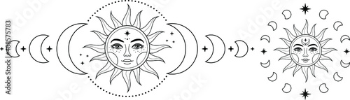 Boho Sun and moon. Hand drawn celestial elements. Sun, crescent moon with moon phases. Celestial design. Symbols of magic witchcraft and alchemy. Boho mystical tattoo. Witchy trendy illustrations