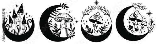 Celestial Mystical boho mushrooms, magic mushroom with moon and stars, witchcraft symbol, witchy esoteric objects, floral mystical elements fungi, fungus. Witchy tattoos. Esoteric clipart