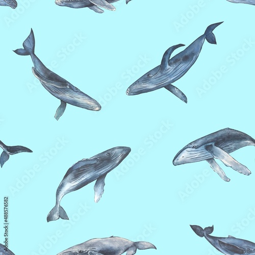 Seamless pattern with watercolor blue whales