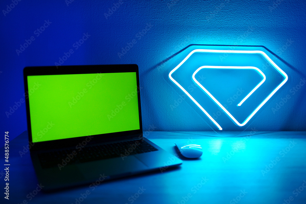 Blue neon sign crystal. Trendy style. Green screen and chroma key. Chroma key space on screen of personal computer. Neon sign. Custom neon. Home decor. Blue neon sign crystal. Trendy style. Green screen and chroma key. Chroma key space on screen of personal computer. Neon sign. Custom neon. Home decor.