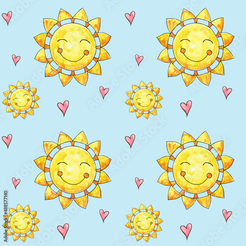 Spring, summer pattern with sun and hearts. Watercolor ornament.