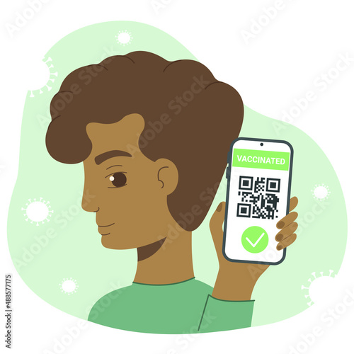 Adult man showing smartphone with vaccine QR code in mobile app or screen. Vaccinated guy using digital health passports. Green immunity certificate. Immunisation concept vector flat illustration.
