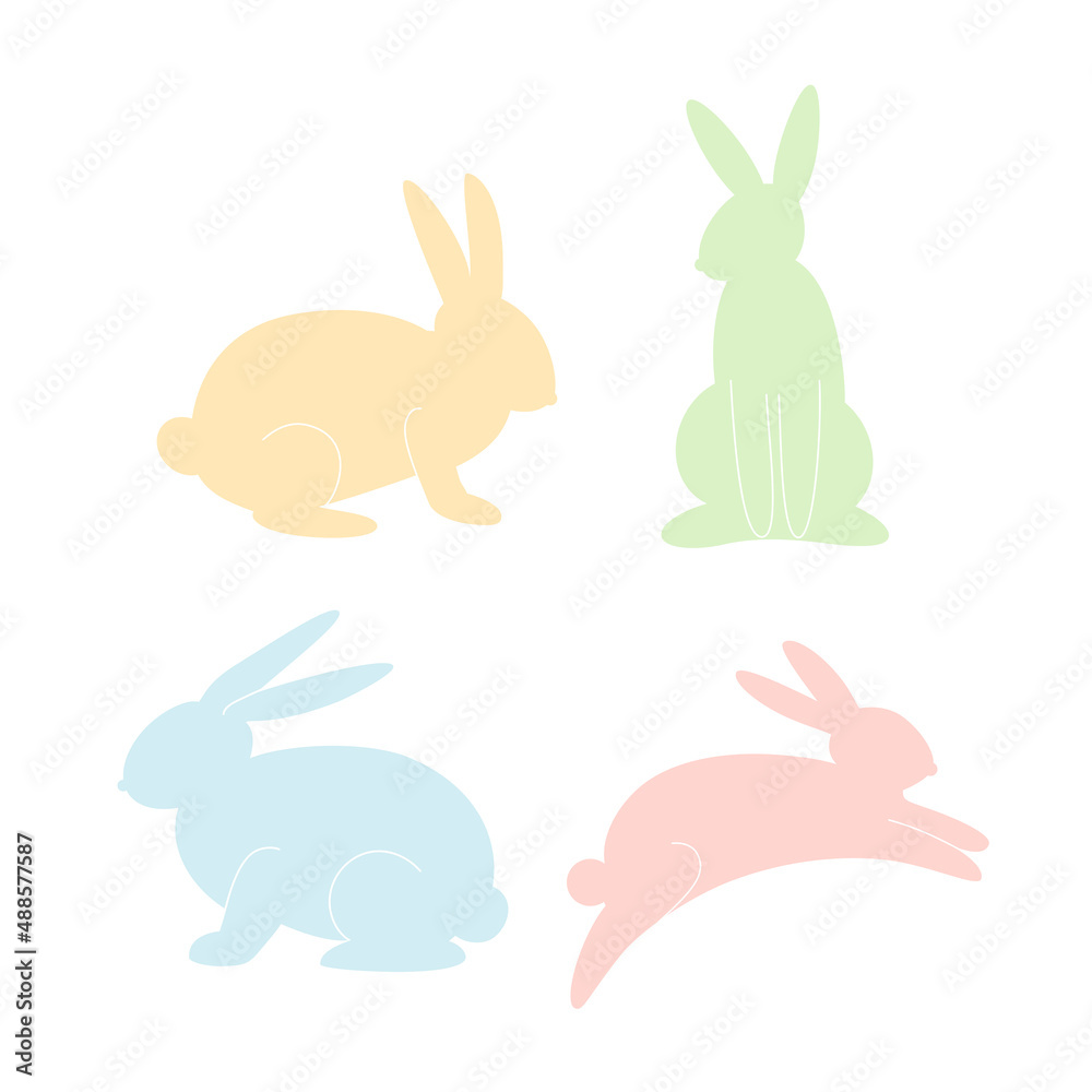 Colorful rabbits. Set of four elements isolated on a white background.
