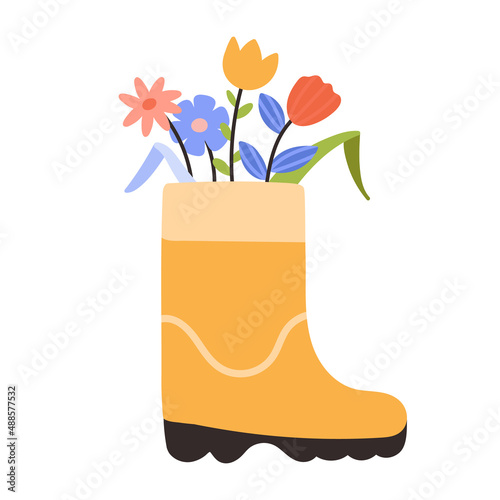 Cute yellow rubber boot with spring flowers isolated on a white background. Cartoon vector illustration.