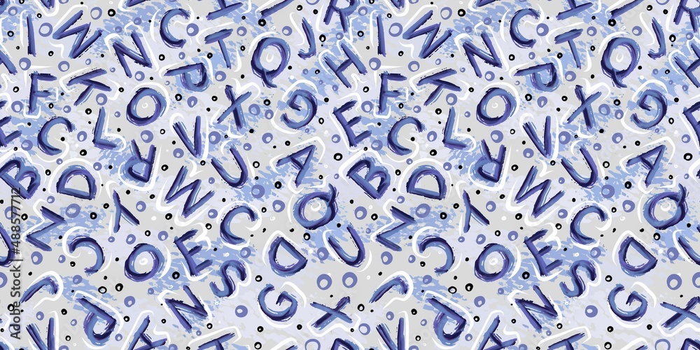 The banner is horizontal. Scattered letters of the alphabet in the color of veri peri. Purple abs. Vector. The banner is horizontal. Scattered letters of the alphabet in the color of veri peri. Purple abs. Vector.