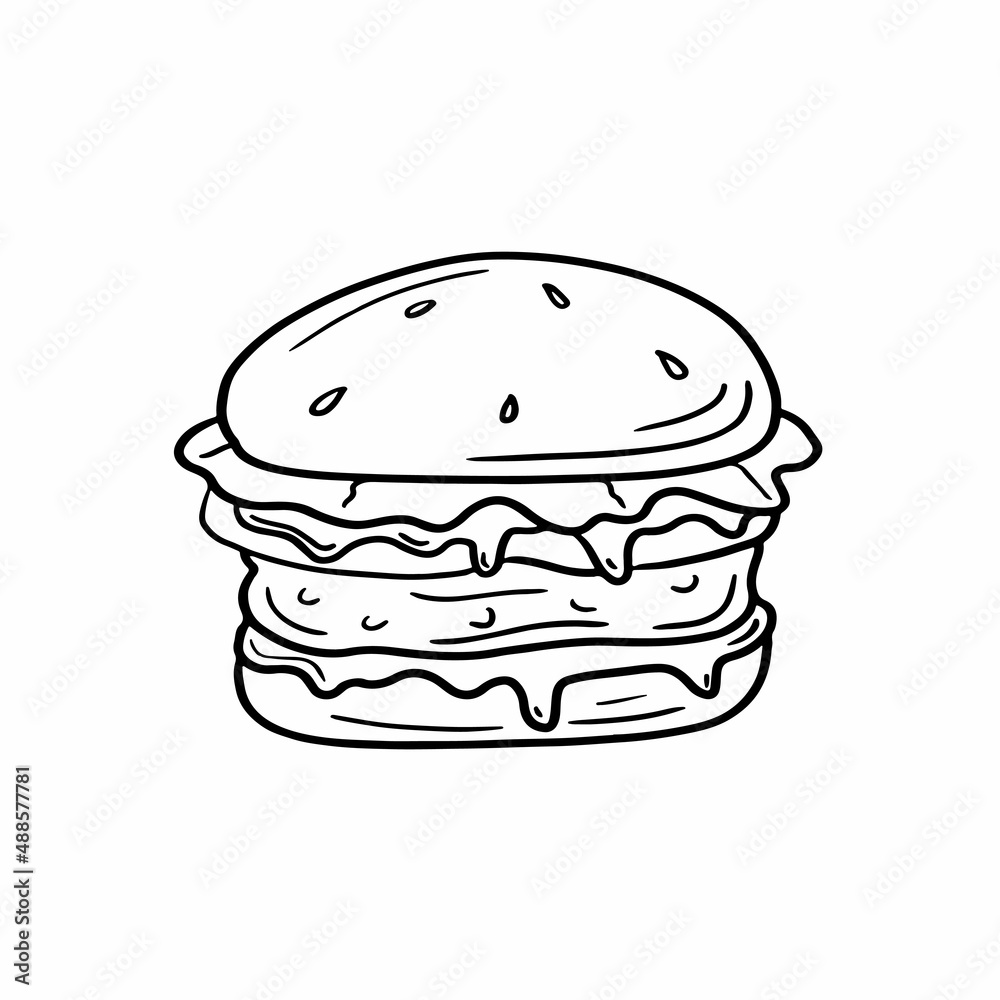 Hand drawn vector illustration of hamburger icon in sketch style. Cute illustration of fast food element on white background. Hand drawn vector illustration of hamburger icon in sketch style. Cute illustration of fast food element on white background.