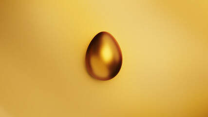Golden easter egg on gold foil background from above. Minimal flat lay greeting card with luxury easter egg festive concept.