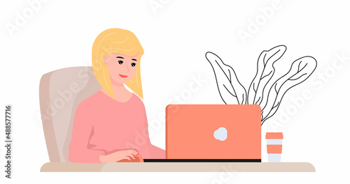 Woman sitting in front of computer and chatting with a friend. Female having a video call. Online videoconference concept.