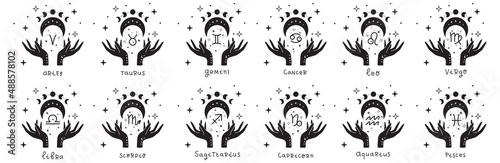 Zodiac astrology horoscope design vector illustrations set. esoteric zodiacal horoscope templates