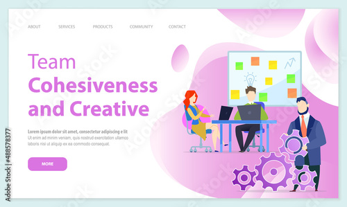 Team cohesiveness and creative website vector. Successful business teamwork, creative innovation idea concept. People with laptops working together with daily plan creation, strategy planning