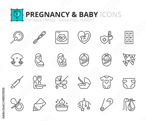 Simple set of outline icons about pregnancy and baby. photo