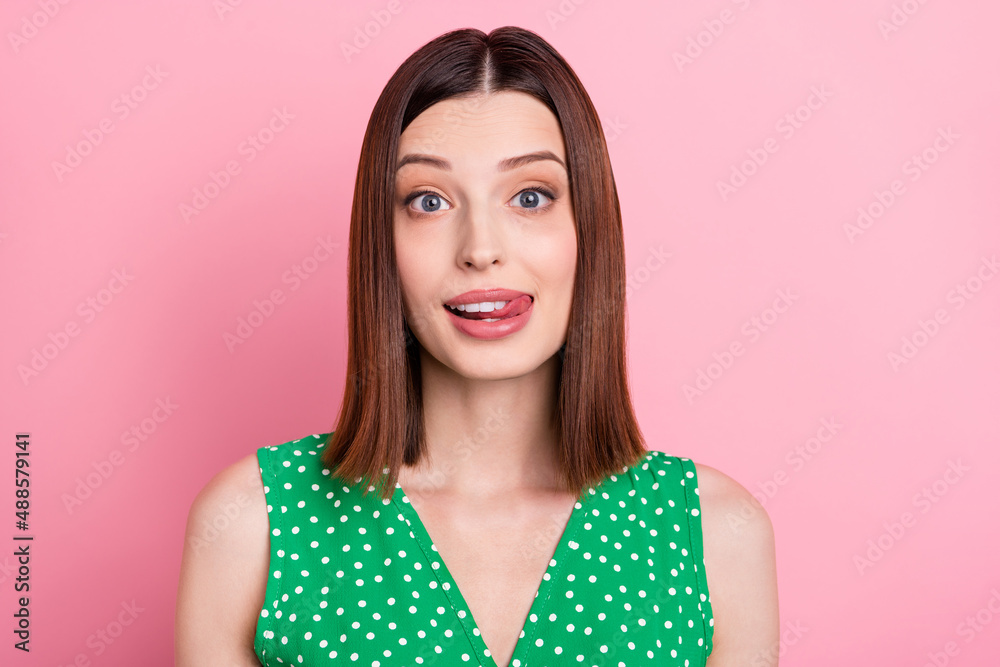 Photo of young pretty girl lick teeth tongue flirty hungry oral care clinic isolated over pink color background Photo of young pretty girl lick teeth tongue flirty hungry oral care clinic isolated over pink color background