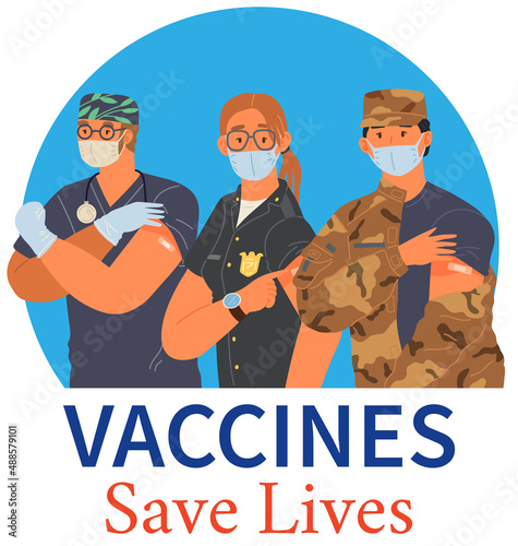 Stop coronavirus agitation concept. Vaccination promo, immunization of workers. Vaccine saves lives. People wearing protective mask showing their arm with bandage after receiving covid-19 vaccine