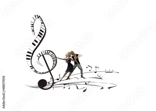 Abstract musical design with dancers, treble clef and musical waves, piano notes. Hand drawn vector illustration.