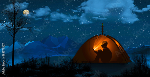 A wilderness camper sits in his tent using a cell phone thanks to an external signal boosting antenna attached to the top of his tent. This illustrates our dependency on mobile phones.