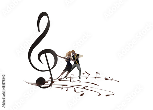 Abstract musical design with dancers, treble clef and musical waves, piano notes. Hand drawn vector illustration.