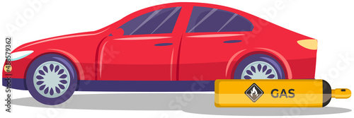 Transportation of gas cylinder, canister with fuel liquid. Balloon with flammable substance. Metal tank with liquefied compressed petroleum, propane. Pressurized gas for car