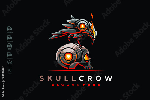 Modern Mecha Robotic Skull Crow Logo Design Template