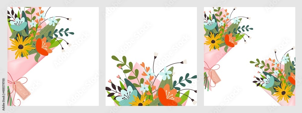 Set of vector templates with bouquets of flowers and leaves on a transparent background