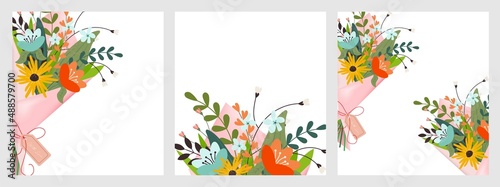Set of vector templates with bouquets of flowers and leaves on a transparent background