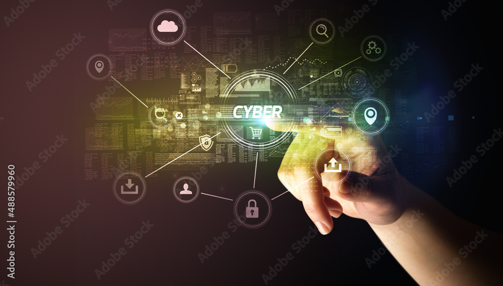 Hand touching cybersecurity button Hand touching cybersecurity button