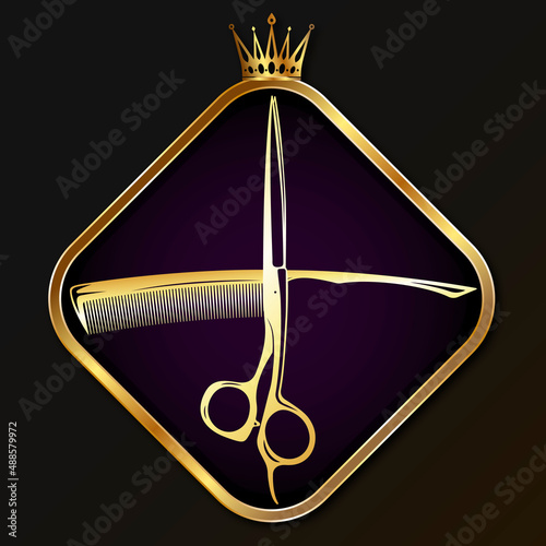 Vip symbol for beauty salon and barbershop. Golden scissors and comb stylist tool
