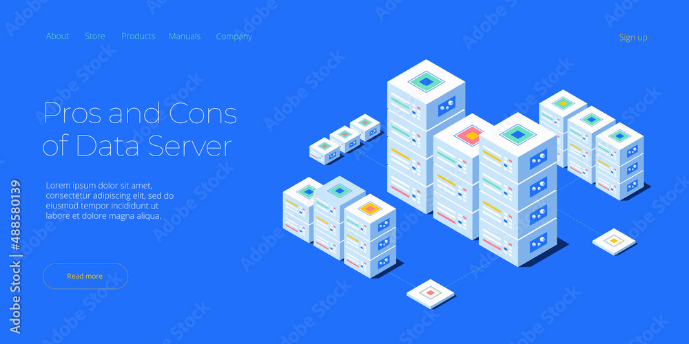 Hosting server isometric vector illustration. Abstract 3d datacenter or data center room background. Network mainframe infrastructure website header layout. Computer storage or farming workstation.