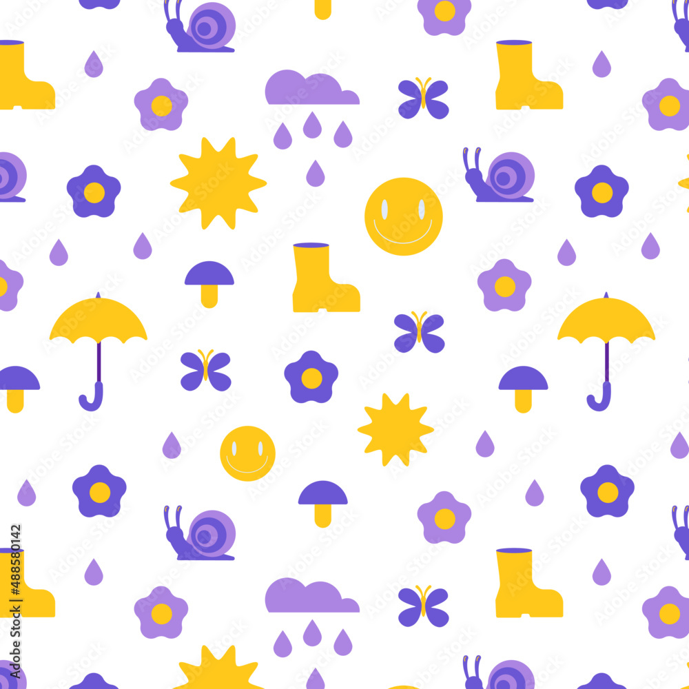 Obraz premium Rain colorful elements background. Umbrella, flowers, mushrooms, cloud, drops and rubber boots. Vector seamless pattern.