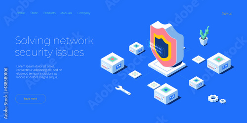 Network data security isometric vector illustration. Online server protection system concept with datacenter or blockchain. Secure bank transaction with password verification via internet.