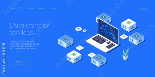 Data transfer via server isometric vector illustration. Abstract 3d datacenter or blockchain background. Network mainframe website header layout. Computer storage or farming workstation.