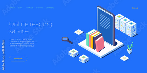 Online library or ebook concept vector illustration in isometric design. Internet education or  distance training and learning courses on educational platform. Website banner layout template.