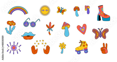 Hippie elements in 60s-80s style.
Psychedelic, comic groovy elements. Flower power, disco platform shoes illustration.