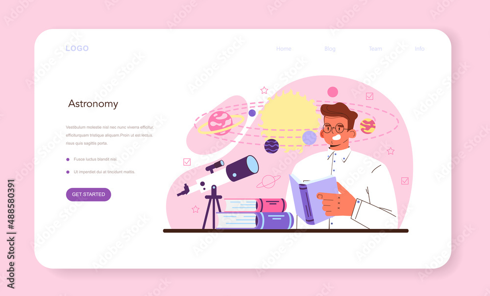 Astronomy and astronomer web banner or landing page. Professional scientist